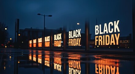 Reflective Black Friday Signs Illuminated at Night