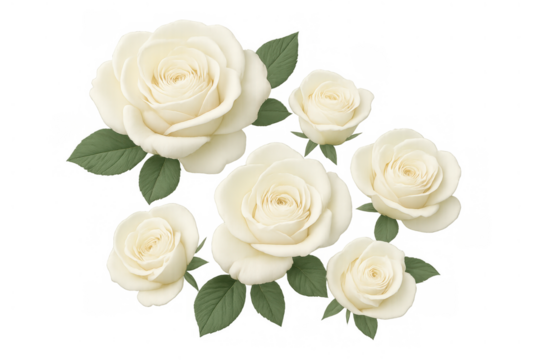 White roses with green leaves blooming, creating a romantic floral bouquet, transparent background isolating delicate elements
