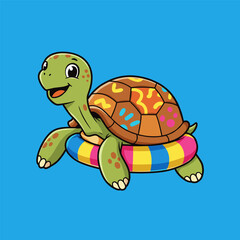 A cute cartoon turtle floating in a striped swimming ring against a solid blue background.