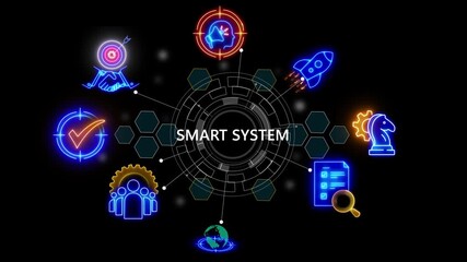 smart system text .internet and networking concept, cube glow with and holographic futuristic technology matrix global security with digital spot light and stretch background 4k video animation - Powered by Adobe