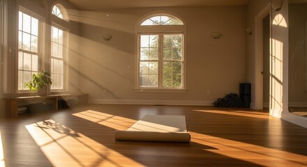 Sunlit yoga studio with mat and plant near windows in morning light