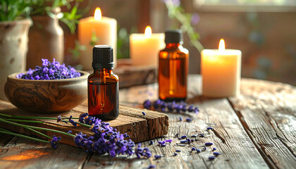 Aromatherapy setup oils, candles, lavender on rustic wood, Natural wellness concept