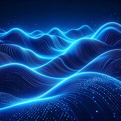 Digital landscape with glowing blue wave patterns, dots, and lines, creating a sense of data flow or abstract energy across the surface