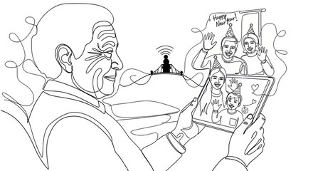 Elderly man enjoying virtual celebration on tablet, smiling at family members in festive hats, showcasing connection and joy during holiday season with copy space