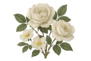 Vintage white rose illustration with green leaves, romantic botanical design, elegant classical flora decorative element