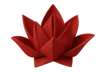 Red napkin folded into a lotus flower shape, creating an elegant table setting decoration with a transparent background
