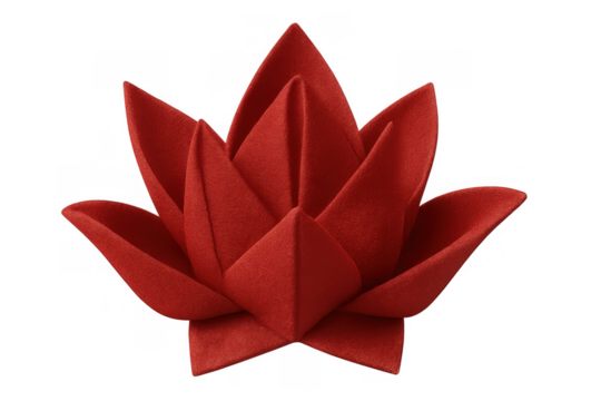 Red napkin folded into a lotus flower shape, creating an elegant table setting decoration with a transparent background