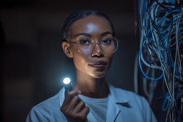 Woman technician checking server rack with flashlight