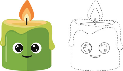 Cute Green Candle Cartoon Character with Tracing Outline Game for Kids Education Vector