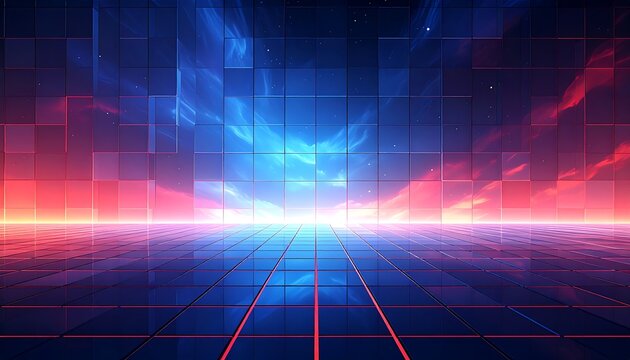 Futuristic digital artwork featuring a grid floor and a vibrant sky with cloud formations. Atmospheric and visually striking