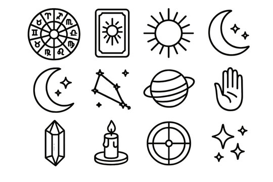 Zodiac and Tarot Icons. Zodiac and Tarot linear icon set: zodiac wheel, tarot card, sun, moon, constellation, planet, crystal, candle, hand, eye, chart, stars.