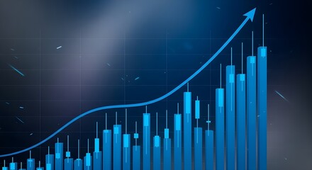 Abstract representation of a financial stock market graph with rising blue bars and an upward trending arrow, indicating growth and profit