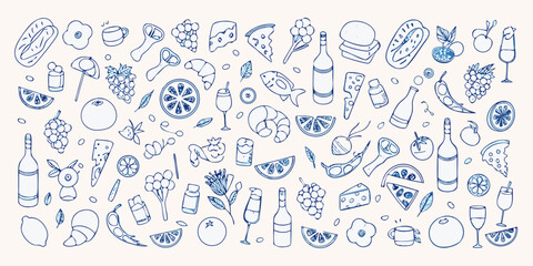 A whimsical collection of hand drawn food and drink icons in blue outline on a cream background