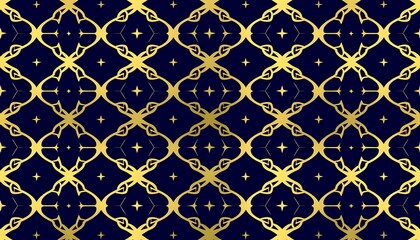 Golden ornate seamless pattern creating a luxurious decorative design on a dark blue background. Abstract geometric motif for elegance