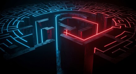 Abstract circular maze with neon lighting in a dark setting. Complex, intricate pathway design with vibrant blue and red neon lights illuminating the maze-like structure.