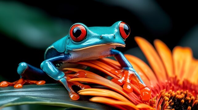 Vibrant red-eyed tree frog on colorful flower nature habitat macro photography tropical rainforest close-up wildlife conservation