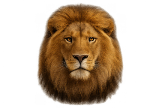 Lion head showing detailed fur and powerful presence, a symbol of strength and leadership, transparent background