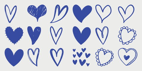Collection of Hand-Drawn Blue Hearts in Various Styles on a Light Background