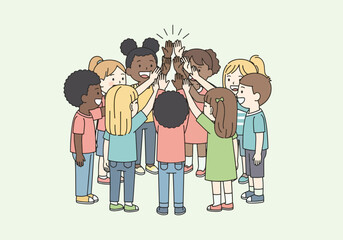 A group of diverse children are depicted giving each other a high five in a circle, symbolizing teamwork and unity.