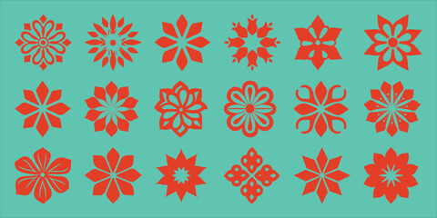 Collection of Red Floral and Geometric Ornate Designs on Teal Background