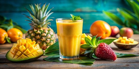 Fototapeta premium Refreshing Tropical Fruit Smoothie with Mango, Pineapple, and Strawberry