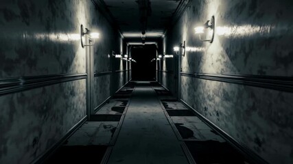 Eerie, dimly lit hallway with peeling walls, captured from a low-angle perspective, reminiscent of a horror video game setting.