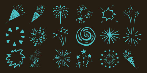 Collection of Teal Chalk-Style Fireworks and Party Poppers on Dark Background