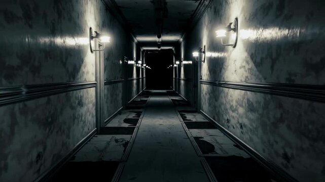 Eerie, dimly lit hallway with peeling walls, captured from a low-angle perspective, reminiscent of a horror video game setting.
