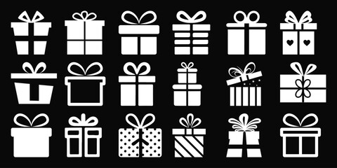 Collection of White Gift Boxes with Ribbons on Black Background
