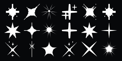 Collection of White Pixelated and Smooth Starburst and Sparkle Icons on Black Background