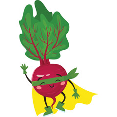 Flying Superhero Beetroot Character With Yellow Cape And Green Mask And Gloves On A Transparent Background