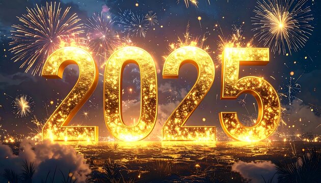 Animated image of gold numerals "2025" with fireworks exploding in a night sky, and smoke below - Powered by Adobe