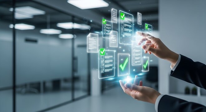Business person interacting with a futuristic holographic interface displaying checklists and approval icons in a modern office - Powered by Adobe