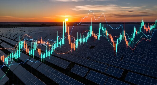 Financial stock market graph overlayed on solar panels at sunset, representing renewable energy investment and trading