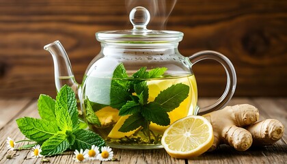 Herbal tea with fresh mint, lemon, and ginger roots on a wooden table, featuring natural ingredients for wellness