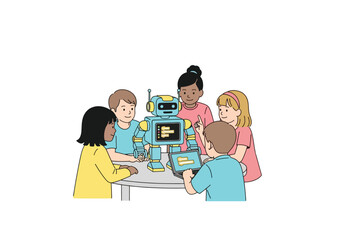 Group of children coding a robot together around a table. The robot has a screen displaying code.