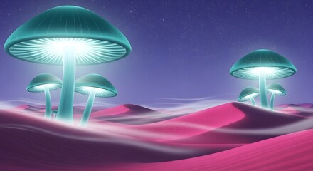 Bioluminescent Teal Mushrooms on Hot-Pink Dunes under Periwinkle Sky