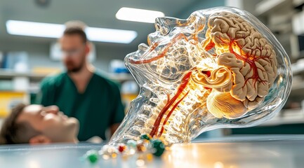 Transparent Human Head Model with Illuminated Brain and Spinal Cord in Medical Setting.