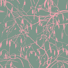 Pink branches isolated on a gray background. Seamless pattern. Alder tree. 