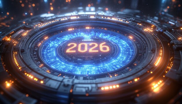 Futuristic 2026 tech portal with vibrant blue and orange lights, perfect for technology forecasts, digital transformations, and innovative marketing campaigns