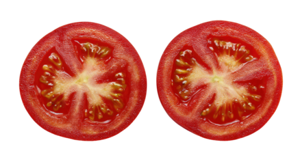 Two tomato halves, vibrant red, circular slices