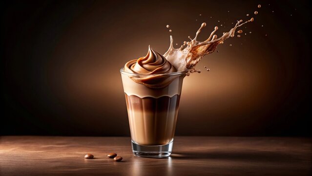 A delectable iced coffee drink with a creamy swirl topping, captured in a dynamic splash, showcasing its rich layered texture and delightful presentation on a dark wood surface.