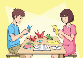Two children focused on folding colorful paper, creating origami figures together.