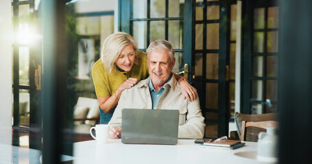 Laptop, planning and smile with old couple in home for retirement fund, profit and budget. Online...