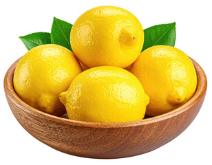 Lemons in wooden bowl, leaves garnish. Bright citrus food