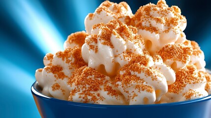Creamy Dessert with Crunchy Topping in Blue Bowl