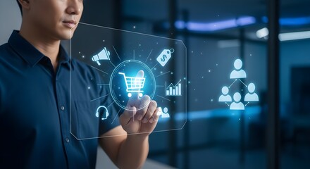 Businessman interacting with a futuristic holographic interface displaying ecommerce and marketing icons for online shopping