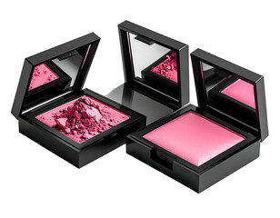 Two blush compacts, open, one powder, one cream, on black background
