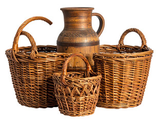 Baskets and jug, woven containers. Rustic, earthy, warm