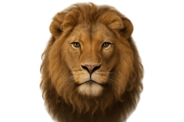 Obraz premium Lion head with golden mane looking forward, power, strength, and leadership concept on transparent background
